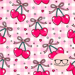 May include: A repeating pattern featuring pink heart-shaped cherries with green stems and pink bows set against a pink and white gingham backdrop. Small pink hearts and white circles are scattered across the design. The image has a cute, playful aesthetic.