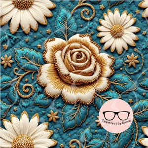 May include: A detailed floral pattern featuring a large, cream and gold rose surrounded by white daisies, teal leaves, and gold accents. The design is set against a quilted teal background, with small gold stars and floral details.
