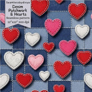 Faux Embroidery Denim Heart Quilt Seamless Pattern, Patchwork Fabric Print, Digital Paper for Sublimation