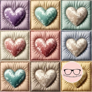 May include: A grid of nine square quilted panels, each featuring a central plush heart in various colors including purple, teal, beige, pink, and gold. The fabric has a tufted, gathered texture. A circular logo with glasses and the text Seamlessbydivya.