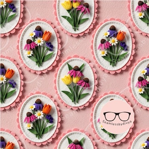 Könnte beinhalten: Ein sich wiederholendes Muster aus Blumensträußen in ovalen Rahmen mit rosa gewellten Rändern. Jeder Strauß zeigt bunte Blumen wie Tulpen, Gänseblümchen und Sonnenhüte. Der Hintergrund ist ein zartrosa Farbton. Der Text "Seamlessbydivya" ist sichtbar.