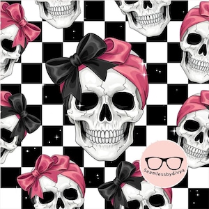 Girly Skull Seamless Pattern, Spooky Bow Fabric Print, Sublimation File (Digital Download)