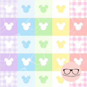 May include: A colorful pattern featuring white Mickey Mouse head silhouettes on a grid of pastel squares. The squares alternate between solid colors and gingham patterns in shades of purple, blue, green, yellow, and pink.