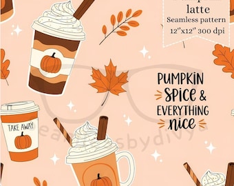 Naadloos patroon Pumpkin Spice Latte, herfstkoffieontwerp (digitale download, 12 x 12 inch, 300 DPI)