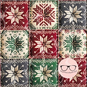 May include: A patchwork design featuring nine square cushions with a snowflake pattern. The cushions are in shades of red, green, and navy blue, with white snowflake designs. The overall theme is festive and winter-themed.