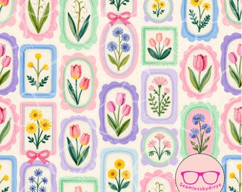 Framed Flower Portrait Seamless Pattern | Pastel Whimsical Gallery Wall Vintage Coquette Botanical Fabric Design (PNG)