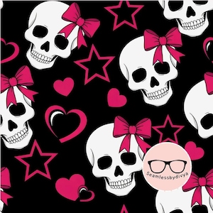 Patrón sin costuras de calavera femenina con lazos y corazones (descarga digital)