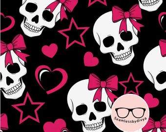 Girly Skull Seamless Pattern, Bows, Hearts (Digital Download)