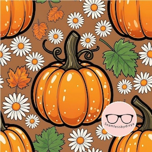 May include: A seamless pattern featuring orange pumpkins with dark stems, white daisies with yellow centers, and orange and green leaves on a brown background. A circular logo with black glasses and the text Seamlessbydivya is visible.