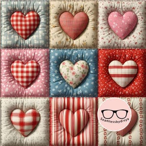May include: A patchwork design featuring nine heart-shaped pillows. The pillows display various patterns, including gingham, floral, and striped designs, in shades of red, pink, and white. Each heart rests on a square, quilted background.