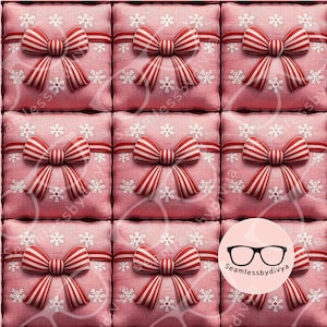 May include: A repeating pattern of pink squares, each adorned with a red and white striped bow and snowflake accents. The bows are centered on the squares, with a red ribbon wrapping around each. The overall design is festive and decorative.
