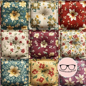 May include: Nine square throw pillows with floral patterns in various colors, including teal, cream, red, and burgundy. Each pillow features a central button and a different flower design, creating a patchwork effect.