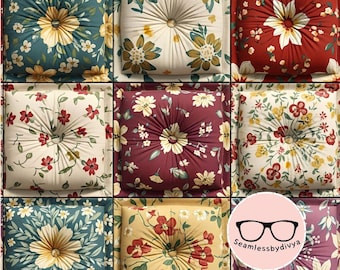 Tufted Floral Patchwork Seamless Digital Paper for Fabric, Cottagecore Cushion Print, Farmhouse Sublimation Wallpaper