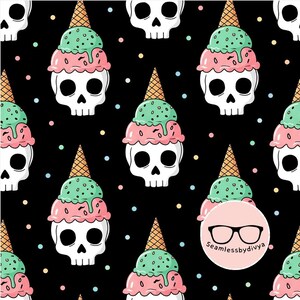 May include: A seamless pattern on a black background featuring white skulls topped with pink and mint green ice cream scoops in waffle cones, accented by small colorful dots and a circular logo with glasses and the text Seamlessbydivya.