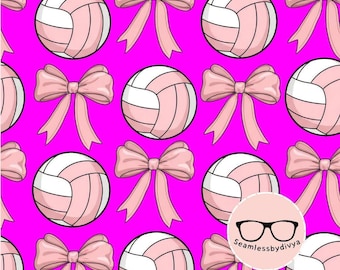 Pink Volleyball Bow Seamless PNG, Girly Sport Digital Paper, Preppy Coquette Pattern for Sublimation