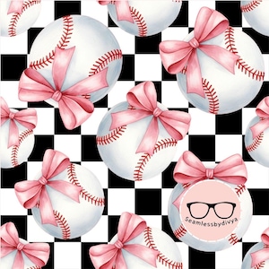May include: A repeating pattern of white baseballs with red stitching and light pink bows, set on a black and white chequered background. The design includes a logo with black glasses and the text "Seamlessbydivya".