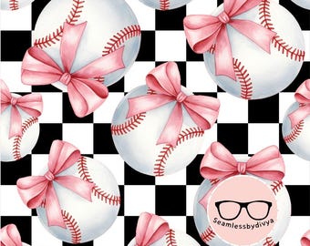 Girly Baseball Bow Seamless Pattern, Coquette Checkerboard (PNG, JPG)