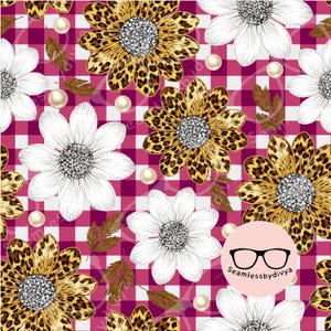 Op de afbeelding: Een herhalend patroon met witte en luipaardbloemen, imitatieparels en bruine bladeren op een rood-witte geruite achtergrond. De bloemen hebben een zilveren midden. Het ontwerp is van Seamlessbydivya.