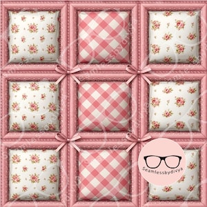 Pode incluir: Um design decorativo com um padrão floral rosa e branco e um padrão xadrez. O design é dividido em nove quadrados, cada um emoldurado em rosa com uma borda costurada e um pequeno laço nas interseções. O padrão floral apresenta rosas rosas sobre um fundo branco.