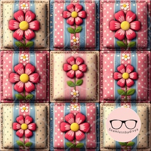 May include: Nine square decorative tiles with a floral design. Each tile features a large red flower with a yellow center, green leaves, and small white flowers. The background has pink polka dots and blue stripes.