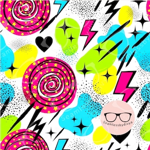 May include: An abstract pattern with large pink spiral lollipops with yellow stars, black lightning bolts, and neon green and yellow shapes. Black stars and a black heart are scattered on a white background. The design has a playful, retro aesthetic.