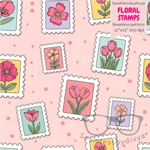 May include: A seamless pattern featuring floral stamps in various colors, including pink, yellow, and blue, on a light pink background with small pink dots. The stamps showcase different flower illustrations. Text on the image reads "FLORAL STAMPS" and "Seamless pattern 12"x12" 300 dpi".