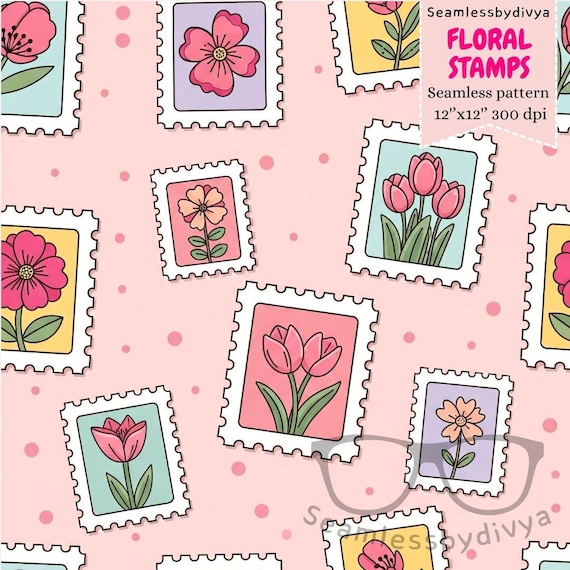 Seamless Floral Stamp Pattern, Cute Spring Flowers Digital Paper, Postage Stamp Design for Sublimation & Fabric Printing