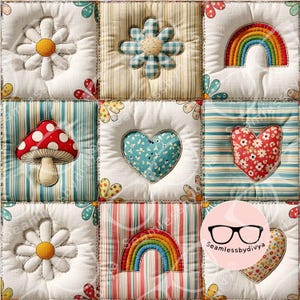 Puede incluir: Un diseño de patchwork con elementos aplicados. Incluye un arcoíris, flores, una seta y corazones. La paleta de colores es suave, con acentos blancos, azules, rojos y amarillos. Los cuadrados están cosidos con costuras visibles.
