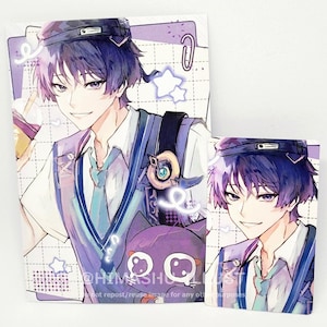 May include: Two anime-style prints. The main character has purple hair and wears a school uniform with a blue tie and vest. The background is light purple with stars and a paperclip. One print is larger than the other.