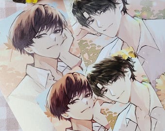 May include: Three illustrated portraits of young men with brown and black hair. The men are smiling and have a soft, dreamy look. The background is a light, pastel color with a floral pattern. The text "@Art by Himashu_illust do not repost or reuse" is at the bottom of the image.