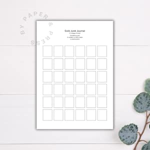 May include: A white paper with a grid of small squares, labeled "Gold Junk Journal" with collage prompts. The prompts include "Something gold," "A metallic or warm detail," and "A small accent."