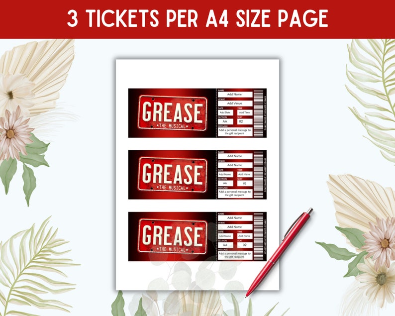 Editable Grease Broadway Ticket Template, Printable Ticket, Musical