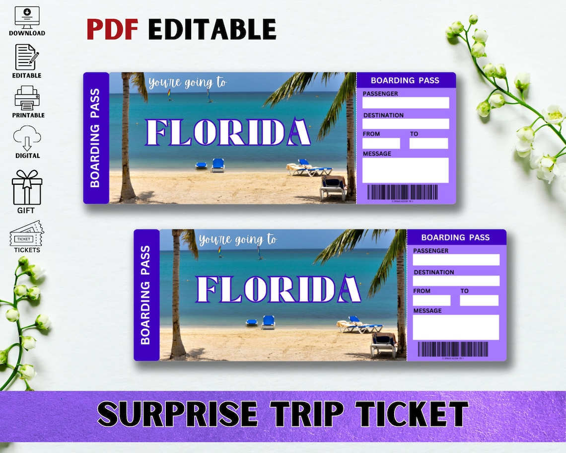 Printable Florida Surprise Trip Ticket, Youre Going to Florida, Gift