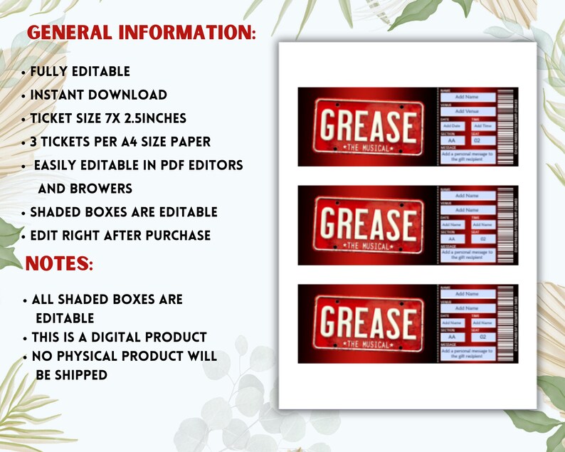 Editable Grease Broadway Ticket Template, Printable Ticket, Musical