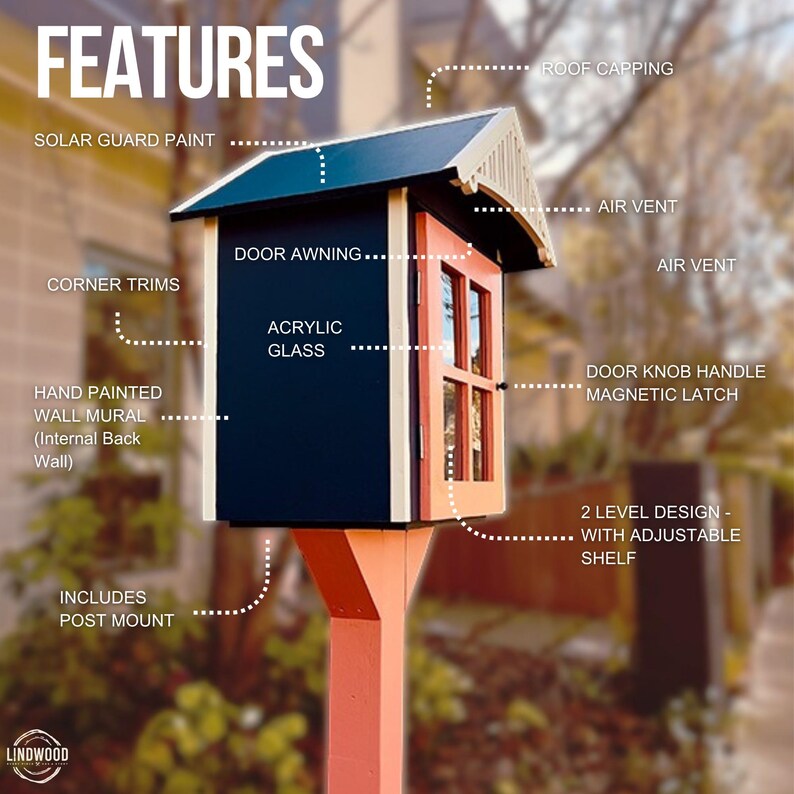 May include: A dark blue and peach outdoor community library box with a gabled roof, acrylic glass door, magnetic latch, and door awning. Features include solar guard paint, corner trims, a hand-painted internal mural, and a two-level design with an adjustable shelf, mounted on a post.