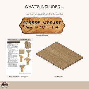 May include: A wooden sign with the text STREET LIBRARY Take or Gift a Book, a printed page of post installation instructions for a little street library, and a rectangular wooden post mount with pre-drilled holes for assembly.