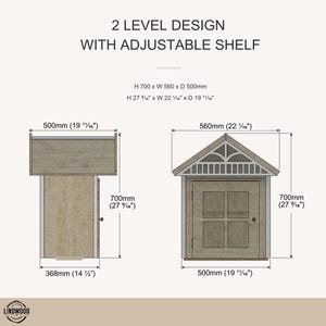 May include: A technical diagram of a 2-level wooden structure with an adjustable shelf. The front view shows a gabled roof and double doors. Dimensions are labeled as H 27 9/16 inches x W 22 1/16 inches x D 19 11/16 inches. Text reads 2 LEVEL DESIGN WITH ADJUSTABLE SHELF.