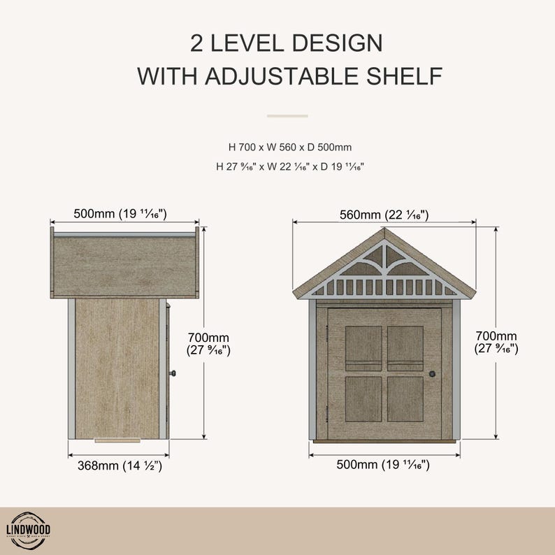May include: A technical diagram of a 2-level wooden structure with an adjustable shelf. The front view shows a gabled roof and double doors. Dimensions are labeled as H 27 9/16 inches x W 22 1/16 inches x D 19 11/16 inches. Text reads 2 LEVEL DESIGN WITH ADJUSTABLE SHELF.