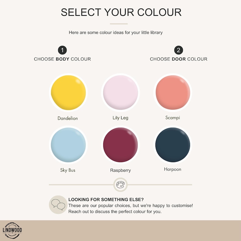 May include: A color selection chart titled SELECT YOUR COLOUR with instructions to choose body and door colors. Six circular color swatches are labeled Dandelion, Lily Leg, Scampi, Sky Bus, Raspberry, and Harpoon. Includes text LOOKING FOR SOMETHING ELSE?