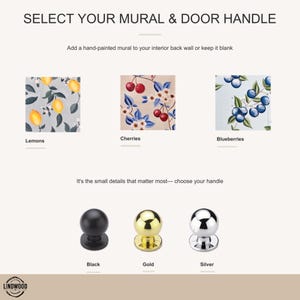 May include: A selection guide titled SELECT YOUR MURAL & DOOR HANDLE featuring three mural patterns: lemons, cherries, and blueberries. Below, three spherical door handles are displayed in black, gold, and silver finishes with labels.