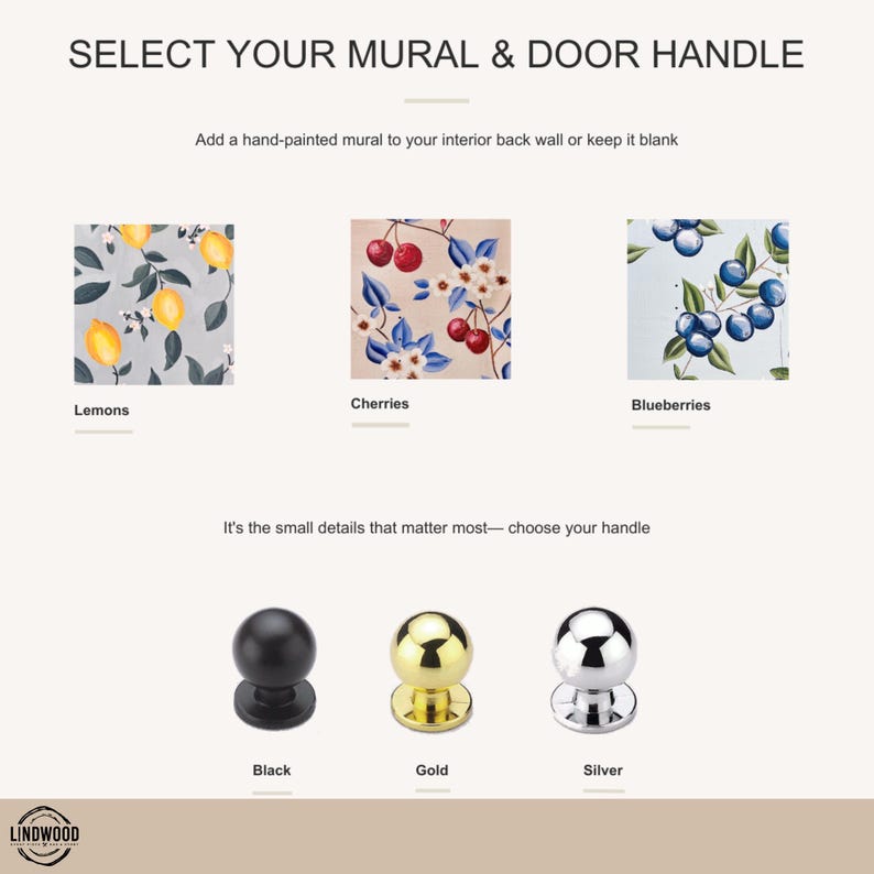 May include: A selection guide titled SELECT YOUR MURAL & DOOR HANDLE featuring three mural patterns: lemons, cherries, and blueberries. Below, three spherical door handles are displayed in black, gold, and silver finishes with labels.
