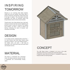 May include: A wooden outdoor book exchange box featuring a gabled roof, a front door with four glass panes, and a small black knob. The structure includes decorative white trim under the roofline and is presented alongside text about design.