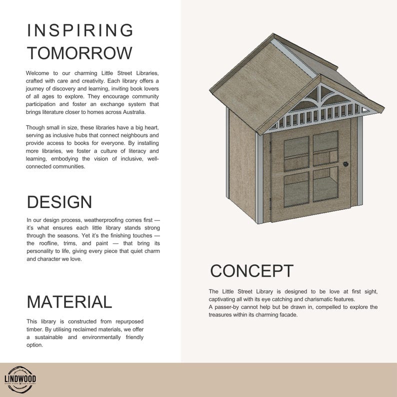 May include: A wooden outdoor book exchange box featuring a gabled roof, a front door with four glass panes, and a small black knob. The structure includes decorative white trim under the roofline and is presented alongside text about design.