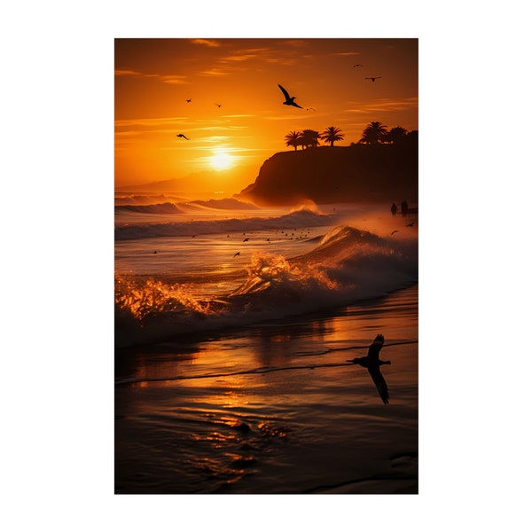 Golden Sunset on the Beach: Surf Poster in Paradise with Perfect Waves and Birds in Flight. Stunning Art, Ocean at Sunset, surf photography