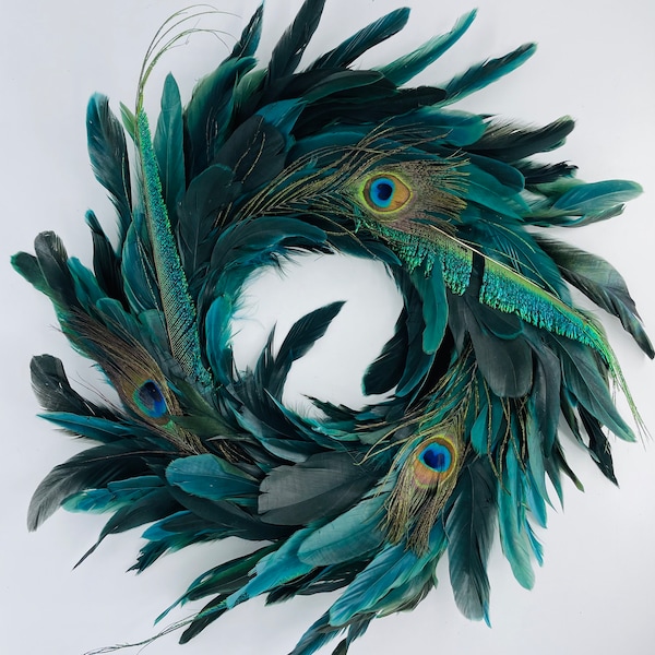 Couronne plumes paon 40 cm 50 cm vert-turquoise