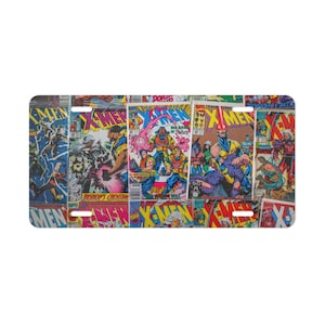 May include: A rectangular metal number plate featuring a collage of vintage X-Men comic book covers. The design displays various colourful illustrations of superhero characters in action, with the bold yellow and red X-Men logo repeated throughout.