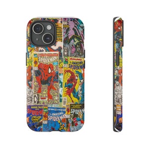 May include: A colorful phone case featuring a collage of vintage comic book covers featuring Spider-Man, Ghost Rider, and other Marvel characters.