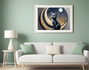 Whimsical Cat in Moonlight: Digital Artwork Instant Download