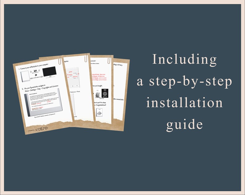 Puede incluir: Una gu&iacute;a de instalaci&oacute;n paso a paso se muestra sobre un fondo azul oscuro. La gu&iacute;a consta de varias p&aacute;ginas sujetas con clips. El texto "Including a step-by-step installation guide" est&aacute; escrito en una fuente serif.