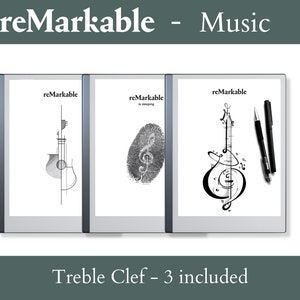 Puede incluir: Tres tabletas reMarkable con dise&ntilde;os tem&aacute;ticos musicales. Las pantallas muestran ilustraciones de una guitarra, una huella dactilar con una nota musical y una clave de sol con notas musicales. Dos bol&iacute;grafos negros est&aacute;n colocados a la derecha. El texto dice "reMarkable - Music" y "Treble Clef - 3 included".